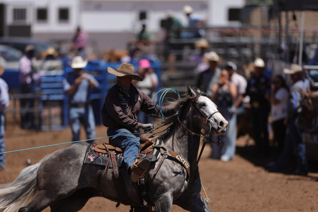 Cowboy in a straw hat rides a gray horse across the arena dirt, rope coils in hand, as spectators watch from behind the fence