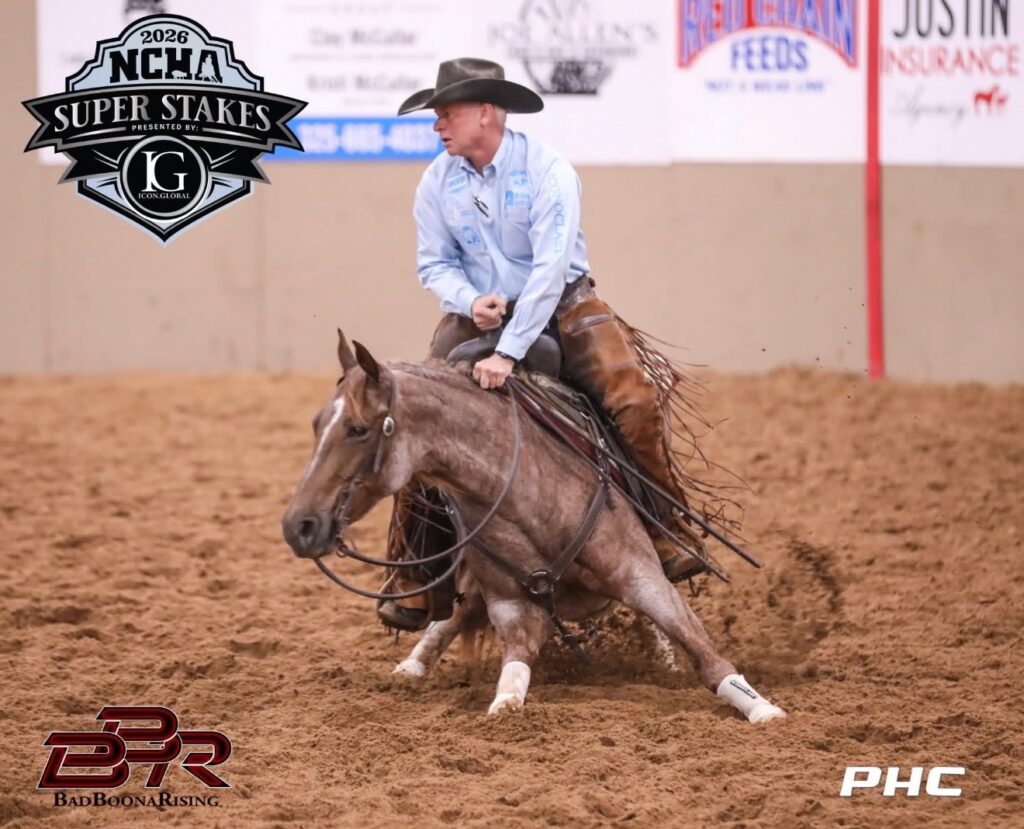 Cowboy on brown horse executing a sliding stop in arena dirt during rodeo competition