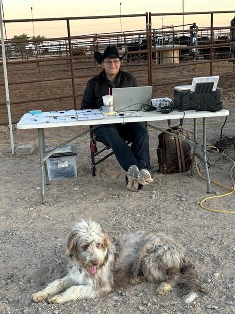 Woman at laptop table in rodeo arena with dog lying in foreground
