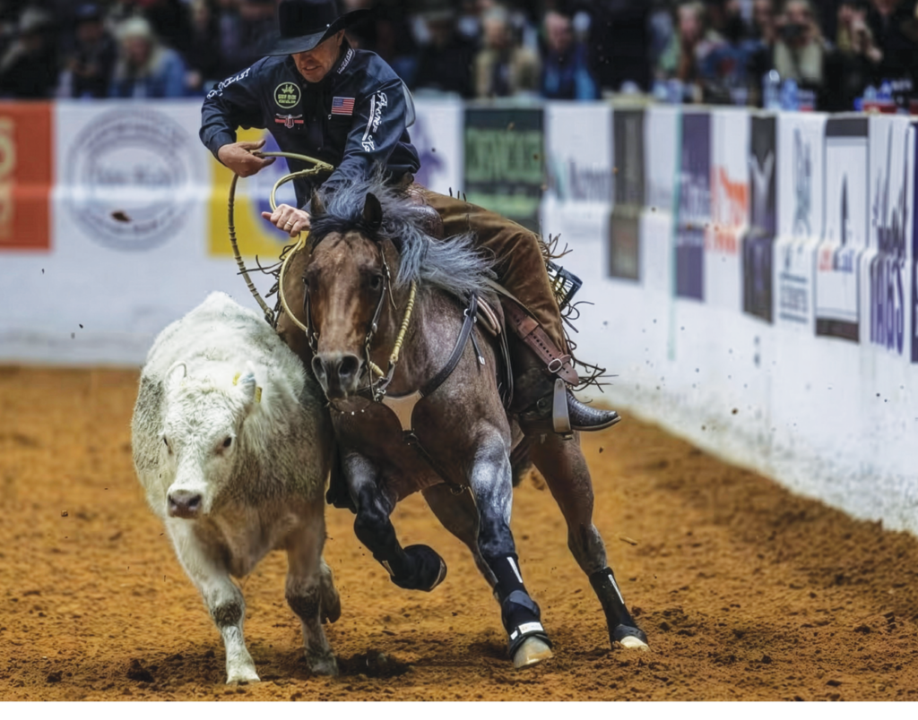 Roper in a black hat and navy shirt swings his loop as his roan horse charges after a white-faced steer in an indoor arena