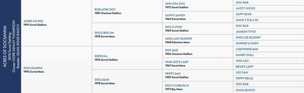 Five-generation pedigree chart for Acres Of Docsanna, a 2010 sorrel gelding, listing sires and dams including Bob Acre Doc and Doc Bar