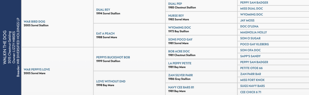 Five-generation pedigree chart for Walkin the Dog, a 2015 chestnut gelding, tracing sires and dams including War Bird Dog and War Peppys Love