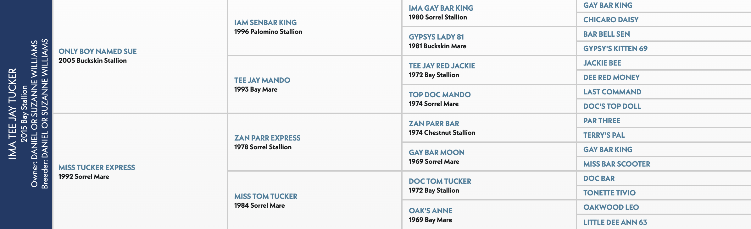 Five-generation pedigree chart for Ima Tee Jay Tucker, a 2015 bay stallion, listing sires and dams by year and color