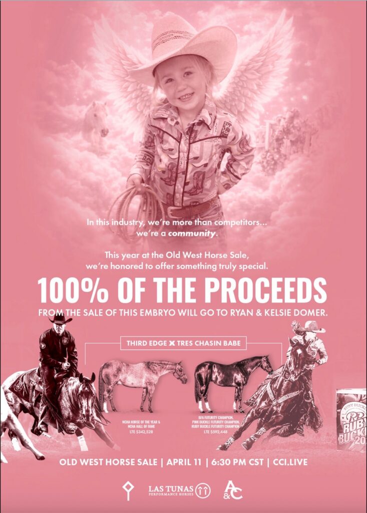 Pink-toned sale flyer with a winged child in a cowboy hat above horses and riders, promoting an embryo benefit sale