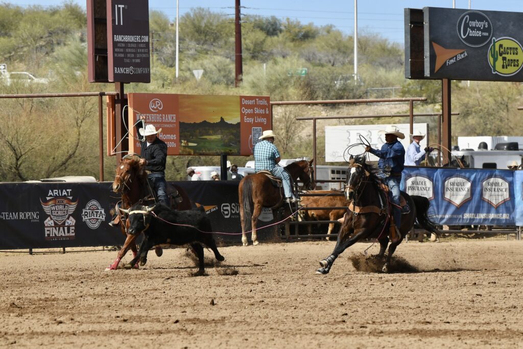 Team ropers on horseback work a steer during an ARIAT World Team Roping Finale event at a desert arena