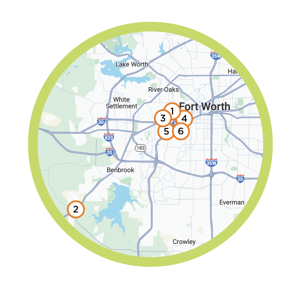 Circular map of the Fort Worth, Texas area with six numbered orange location pins clustered near downtown and one to the southwest
