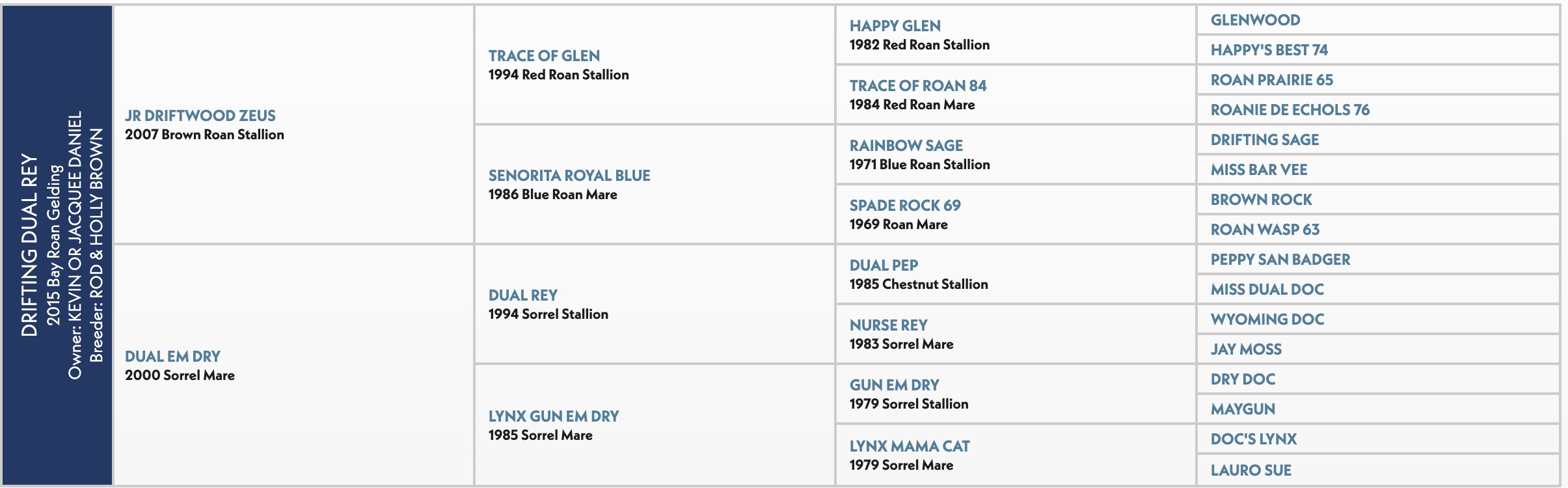 Five-generation pedigree chart for Drifting Dual Rey, a 2015 bay roan gelding, listing sire JR Driftwood Zeus and dam Dual Em Dry