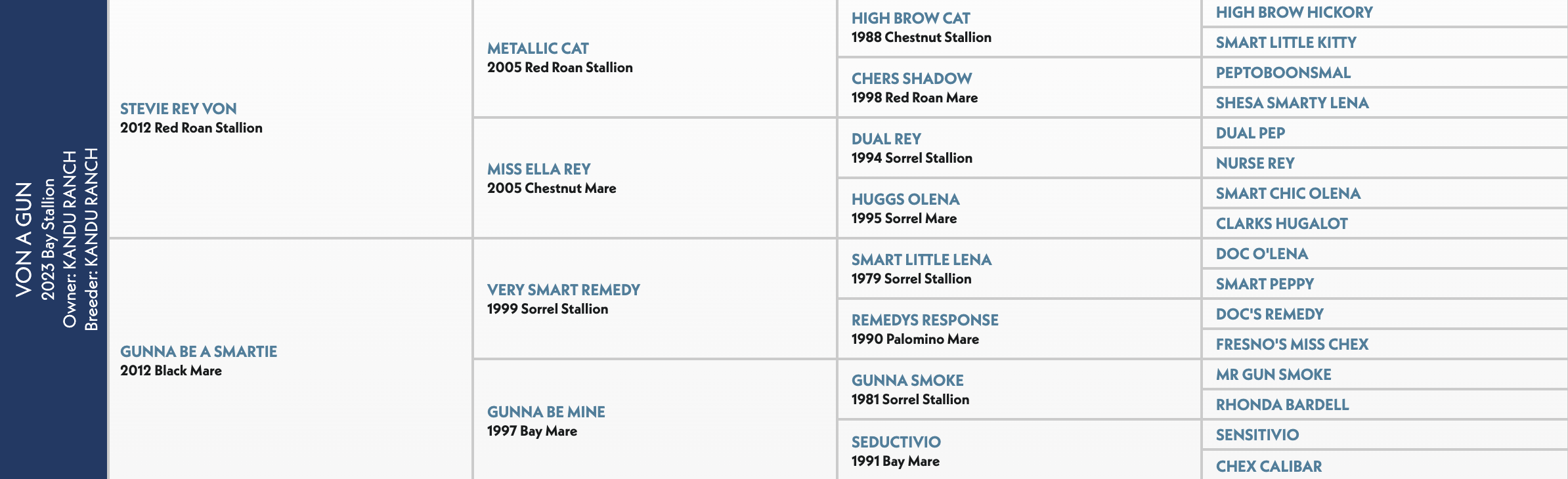 Pedigree chart for Yon A Gun, a 2023 bay stallion, displaying his ancestors across multiple generations including sires and dams from various breeds and years
