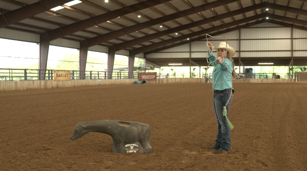 Lari Dee Guy demonstrating the "second blade" position of her breakaway roping swing.