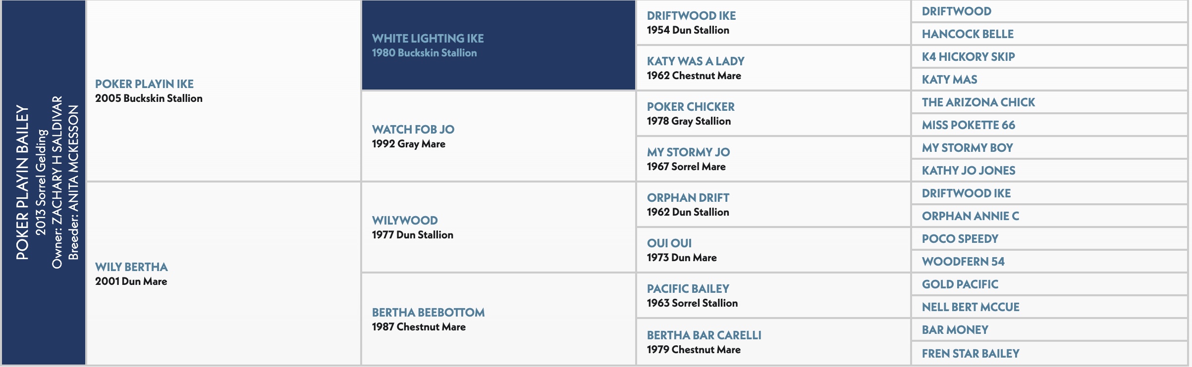 Poker Playin' Ike pedigree chart showing the 2005 Buckskin Stallion's ancestry, including offspring and notable ancestors such as White Lighting Ike and Wily Bertha