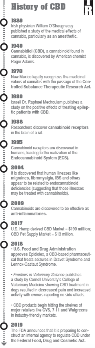 Vertical "History of CBD" timeline infographic marking milestones from 1839 to 2019, including research, legal and market developments