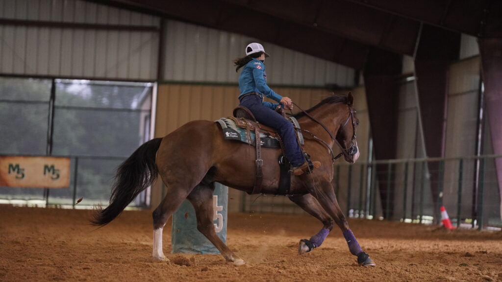 Barrel racer in a teal shirt and white helmet rounds a barrel on a bay horse in a covered dirt arena