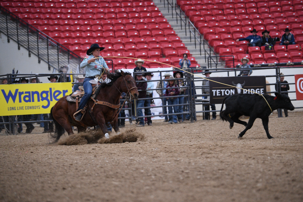 Breakaway roper on a bay horse follows her taut rope to a black calf in an arena with Wrangler and Teton Ridge banners