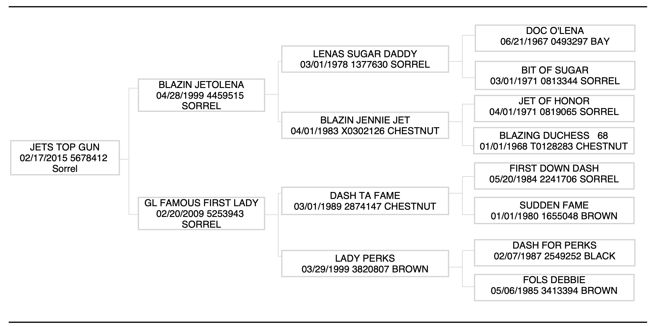 Three-generation pedigree chart for 2015 sorrel Jets Top Gun, tracing Blazin Jetolena and Dash Ta Fame bloodlines