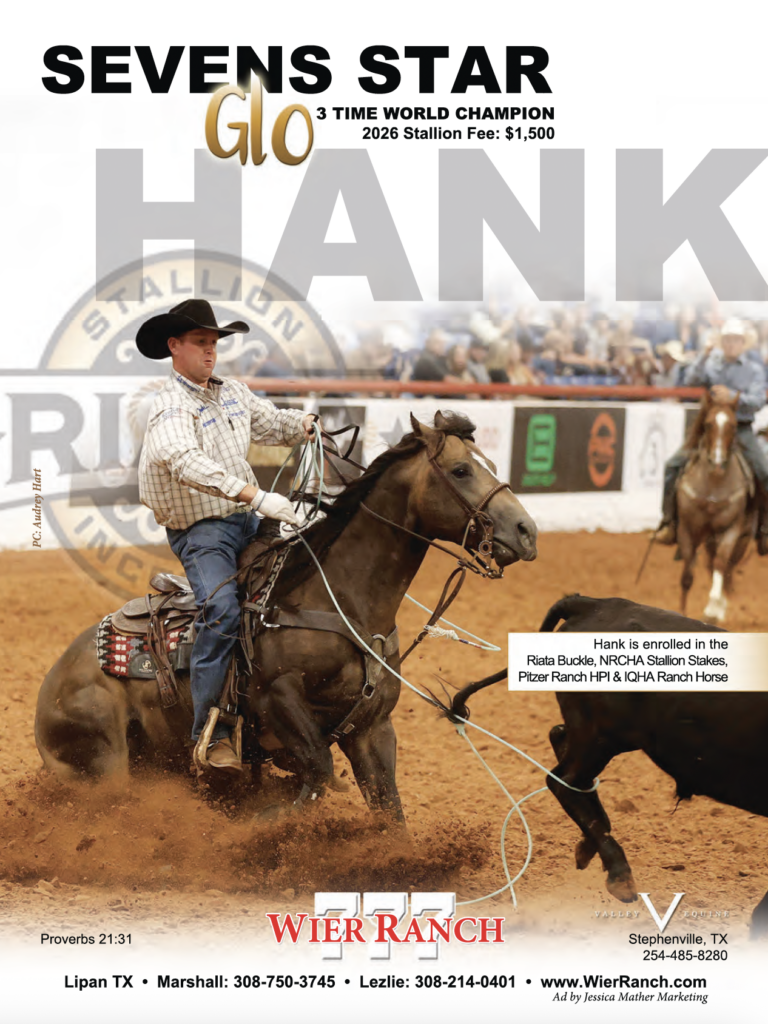 Cowboy on horseback roping cattle at Wier Ranch, advertising stallion Sevens Star Glo Hank, a 3-time world champion