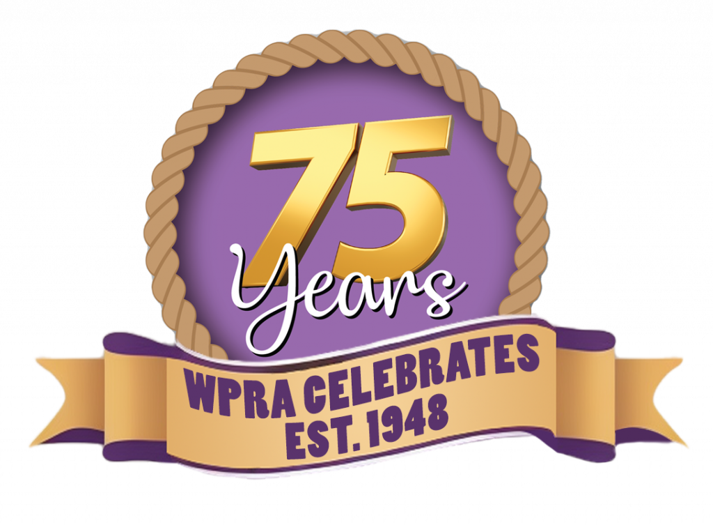 WPRA 75 Years anniversary logo with gold numerals on a purple rope-framed circle above a banner reading "WPRA Celebrates, Est. 1948"