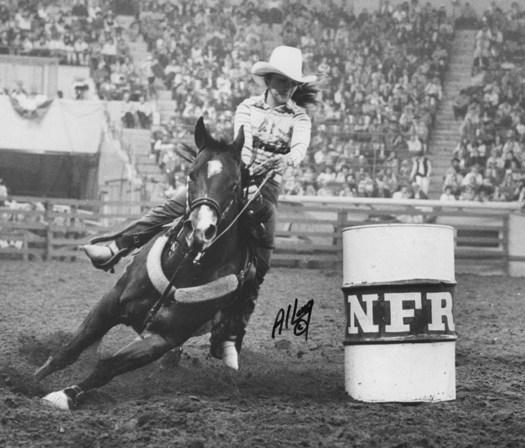 Jimmie Munroe barrel racing on Billy 2 at the 1972 NFR.