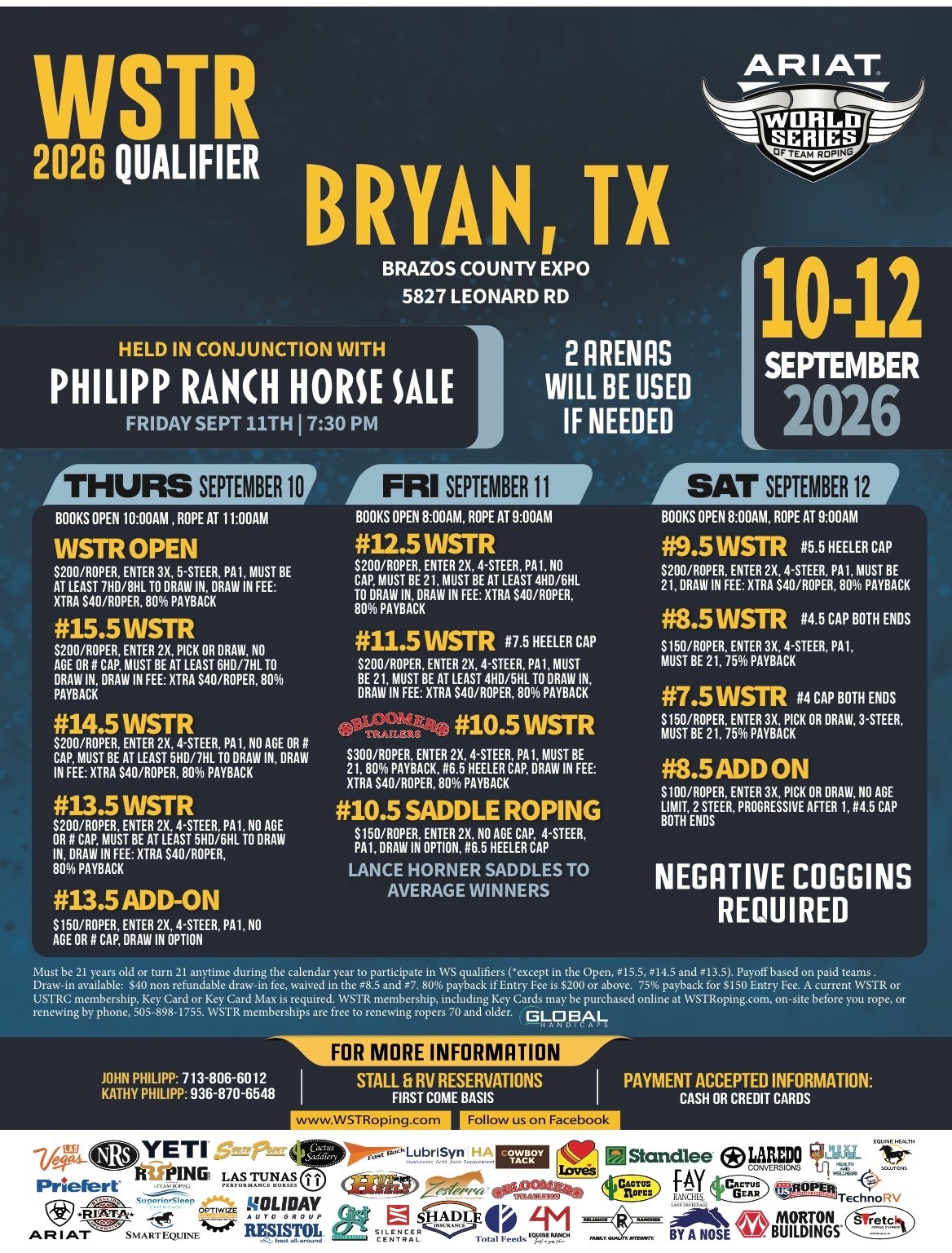 Event flyer for the WSTR 2026 Qualifier team roping in Bryan, TX, listing daily roping classes, fees and payouts