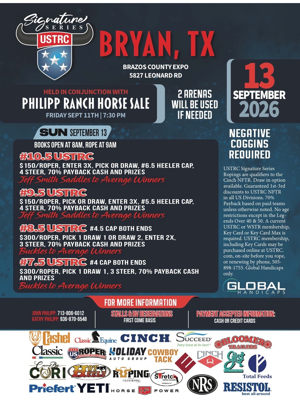USTRC Signature Series event flyer for Bryan, TX on September 13, 2026, listing roping divisions, fees and sponsors